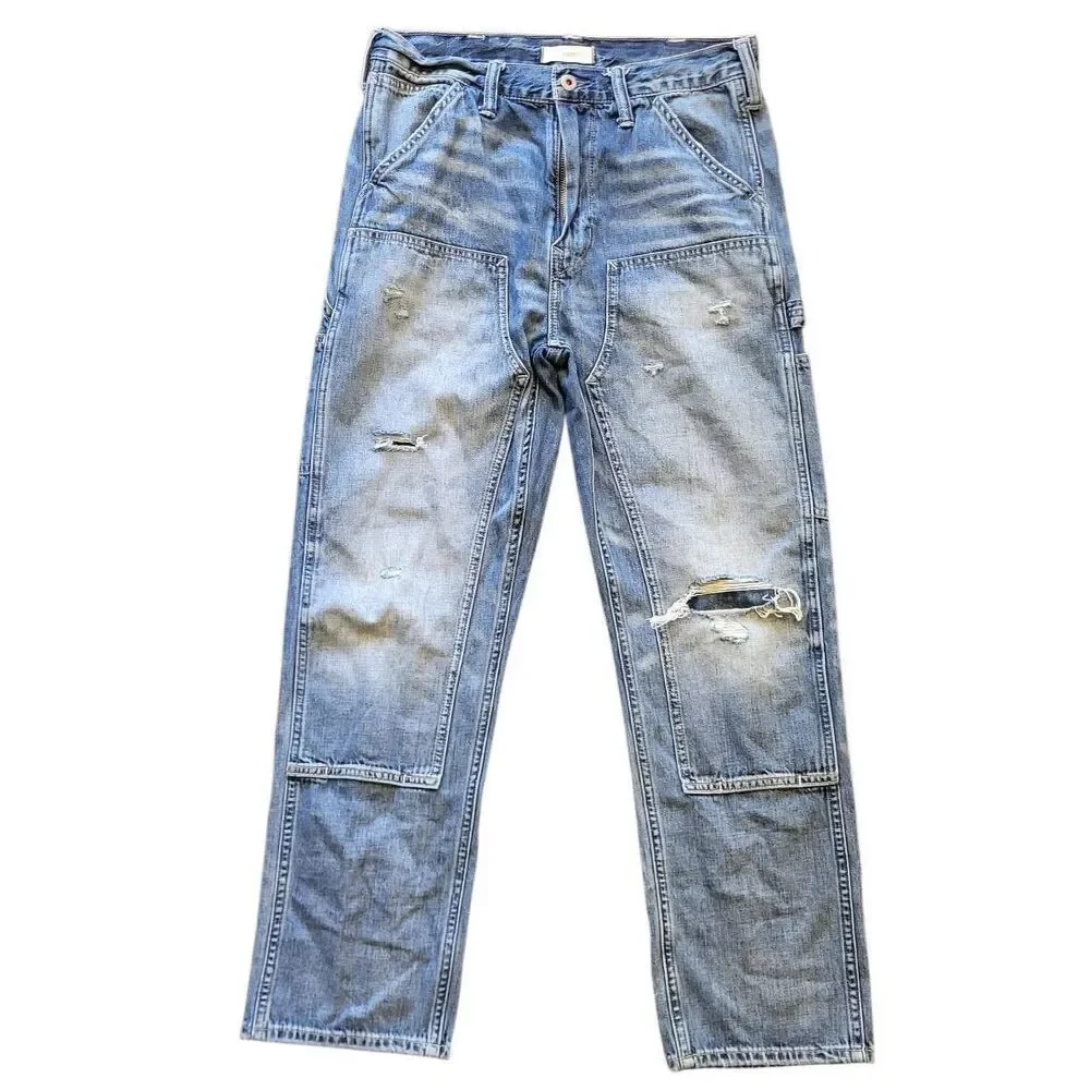 AE77 Jeans Unisex 29 Blue Premium Loose Carpenter Workwear Distressed Organic